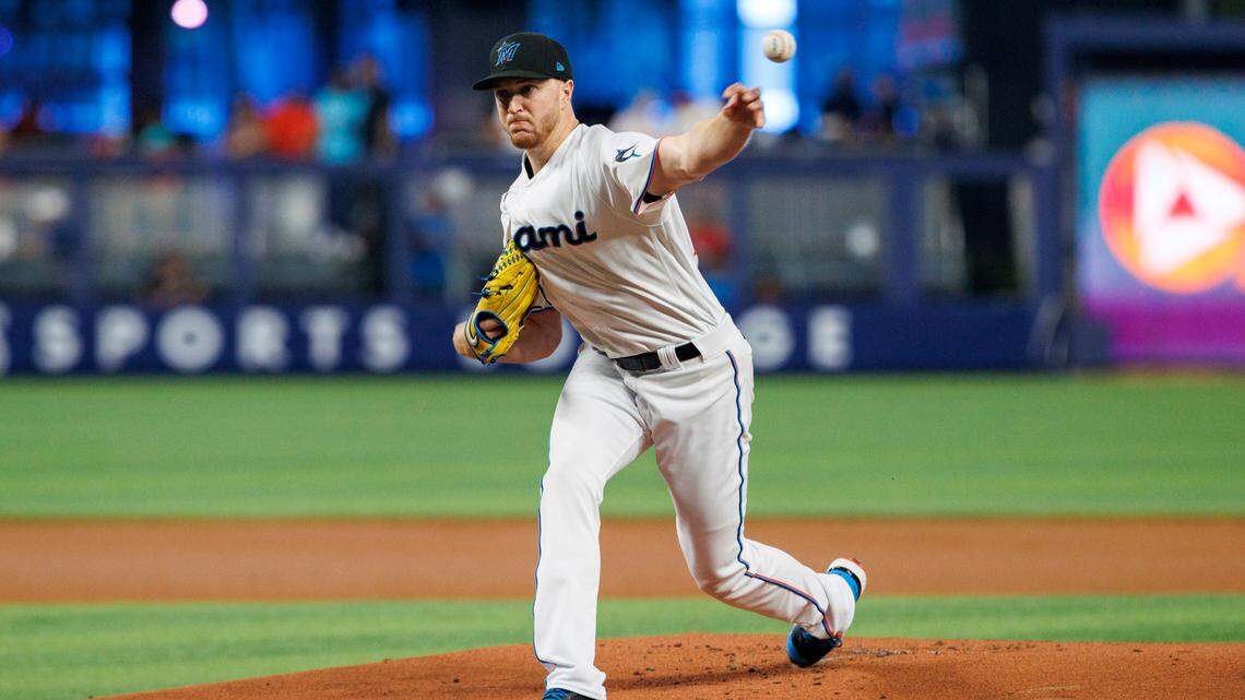 Miami Marlins starting pitcher Trevor Rogers (28) pitches during the first inning of a baseball game against the Philadelphia Phillies at LoanDepot Park on Sunday, July 17, 2022 in Miami, Florida.