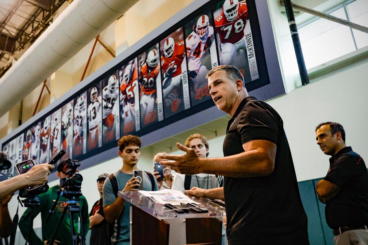 Miami Hurricanes head coach Mario Cristobal speaks to the media after practice at the Carol Soffer Indoor Practice Facility at the University of Miami in Coral Gables on Wednesday, August 9, 2023.