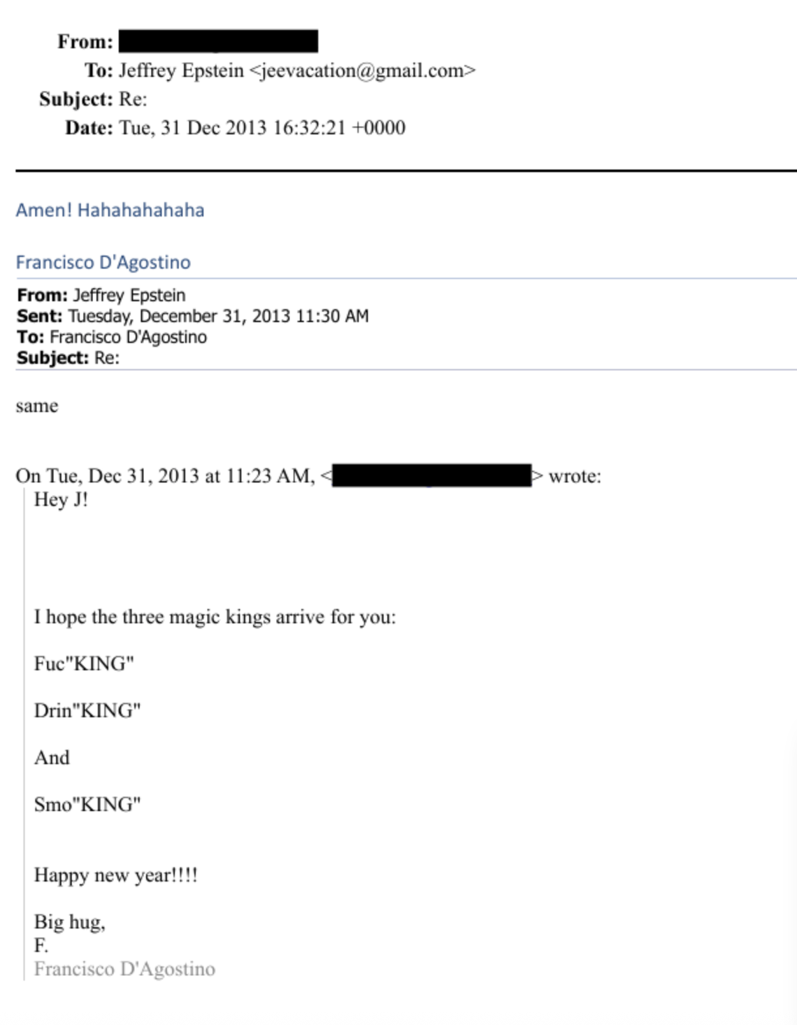 Screenshot of e-mail correspondence between Jeffrey Epstein and Francisco D’Agostino, included in the Department of Justice’s release of the Epstein files.