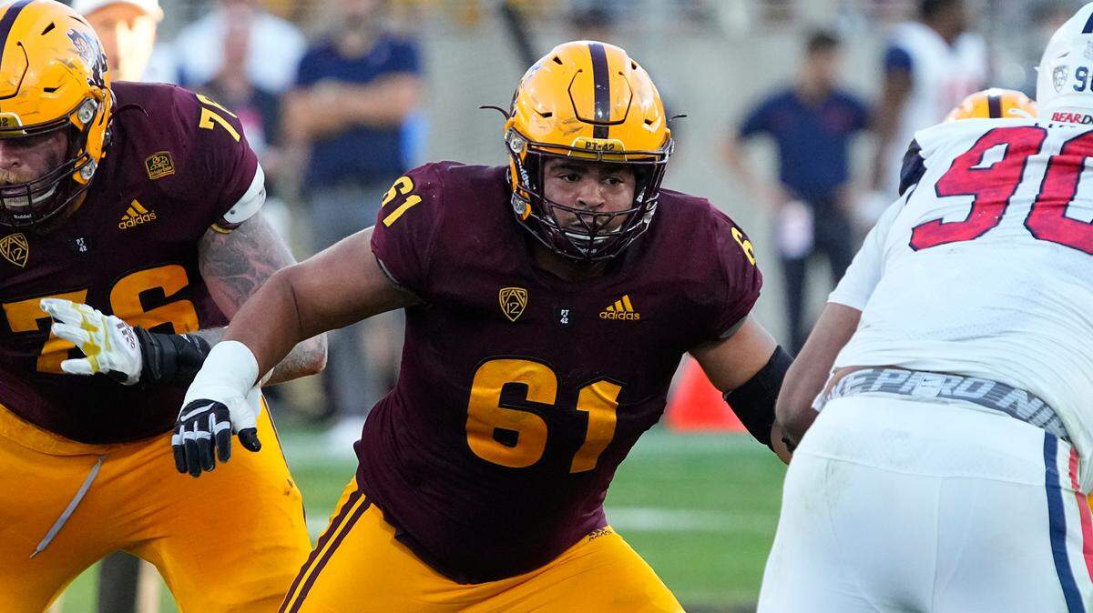 Arizona State offensive lineman Dohnovan West (61) in the first half during an NCAA college football game against Arizona, Saturday, Nov. 27, 2021, in Tempe, Ariz. (AP Photo/Rick Scuteri)