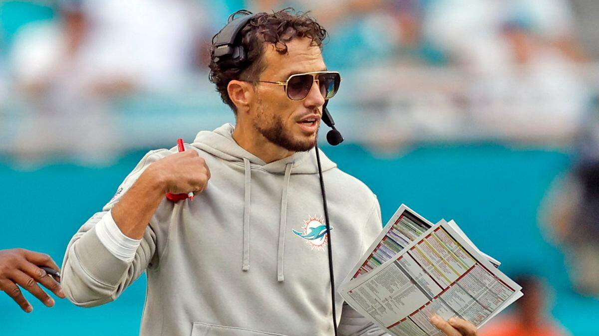 Miami Dolphins coach Mike McDaniel directs the team during the game against the Arizona Cardinals in the second half during an NFL football game at Hard Rock Stadium in Miami Gardens, Florida on Sunday, October 27, 2024. 