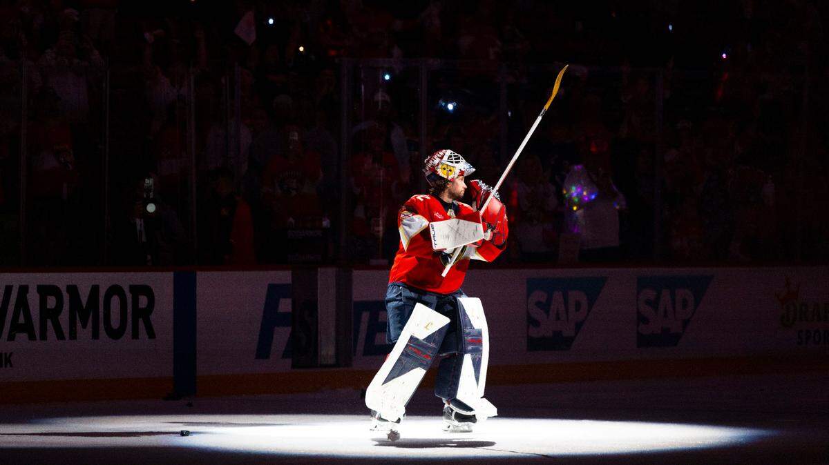 Florida Panthers goaltender Sergei Bobrovsky (72) is recognized as the first star of the game after winning Game 4 of a Stanley Cup playoffs second-round series against the Toronto Maple Leafs on Sunday, May 11, 2025, at Amerant Bank Arena in Sunrise, Fla. The Florida Panthers won 2-0.
