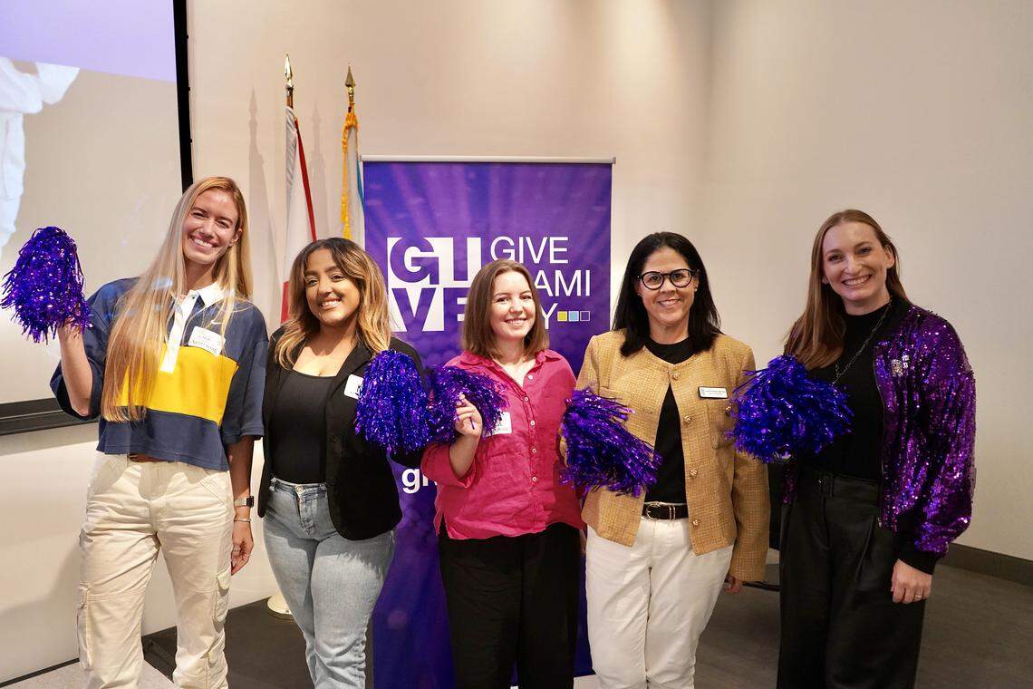 From left: Lara Carter, Luz Marrero, Denisa Caush, Luisana Salazar-Martinez, all from Kristi House, with Rebecca Rishman Lipsey, president and CEO of The Miami Foundation. The women were attending an event hosted by The Miami Foundation to help nonprofits better market themselves on Give Miami Day.