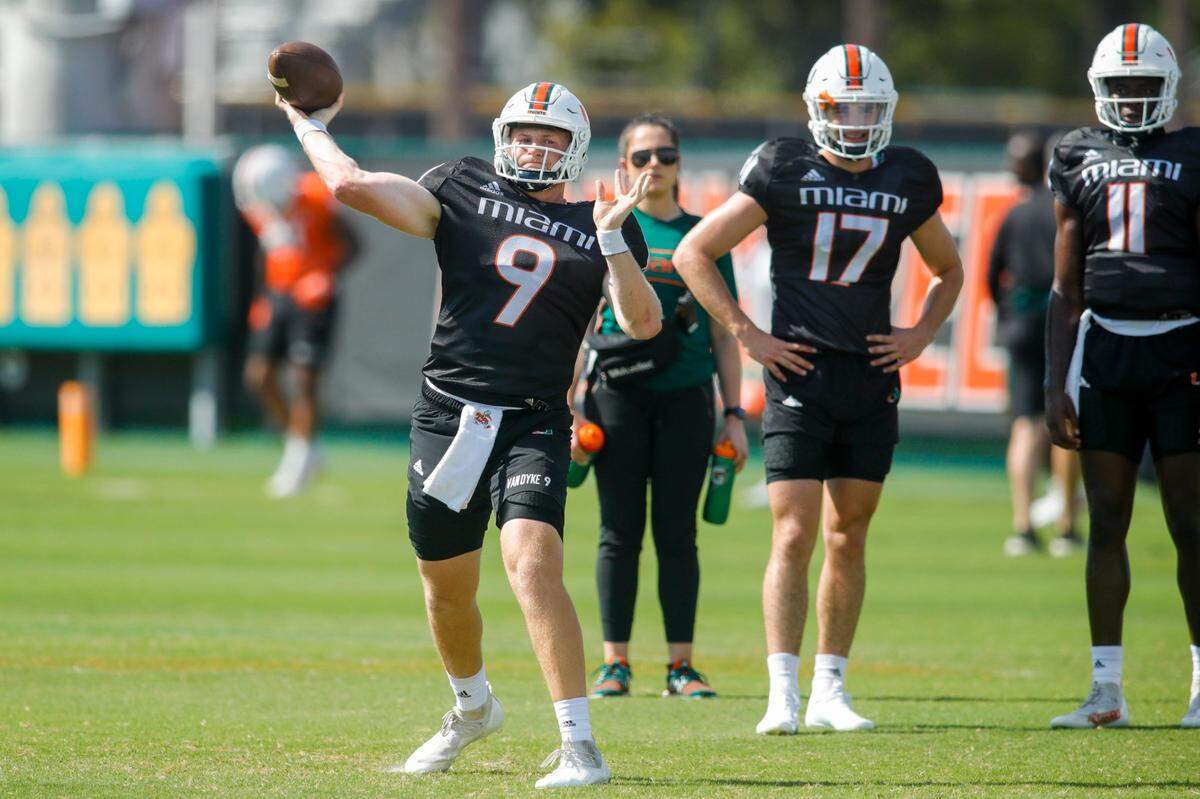 Miami Hurricanes quarterback Tyler Van Dyke (9) throws the football during spring practice at the University of Miami campus in Coral Gables, Florida, on Friday, March 11, 2022.