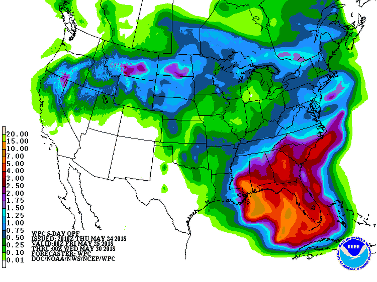 Beginning Friday,  the Gulf and parts of Florida could see about five inches of rainfall over the next five days. Source: NOAA Weather Prediction Center