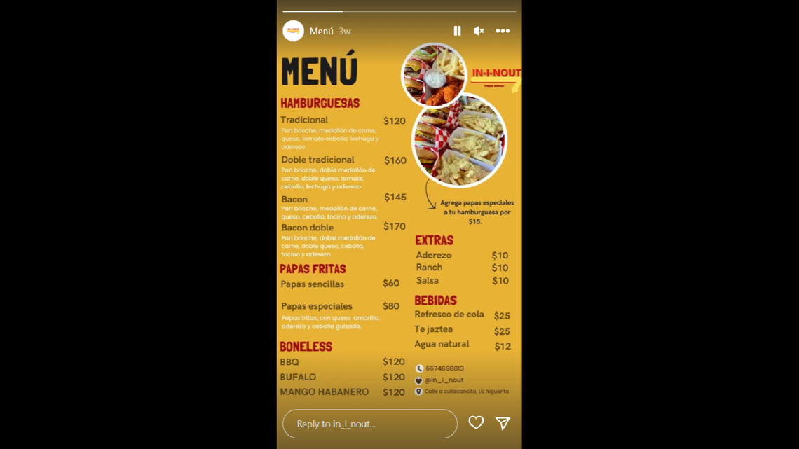 An Instagram story from In-I-Nout Cheeseburger showing the establishment’s menu.