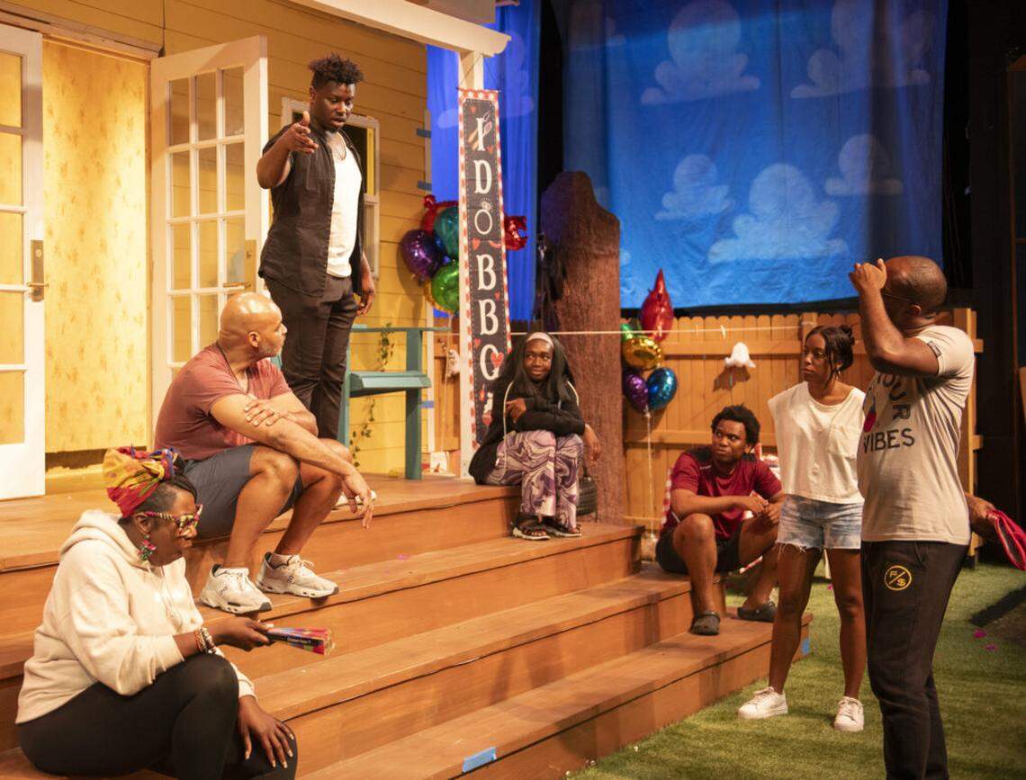 The cast and director of the GableStage production of “Fat Ham” opening at the Coral Gables theater on Saturday, May 17. From left, Toddra Brunson, Melvin Huffnagle, director TM Pride, Cassidy Joseph, Henry Cadet, Dina Lewis and Denzel McCausland.