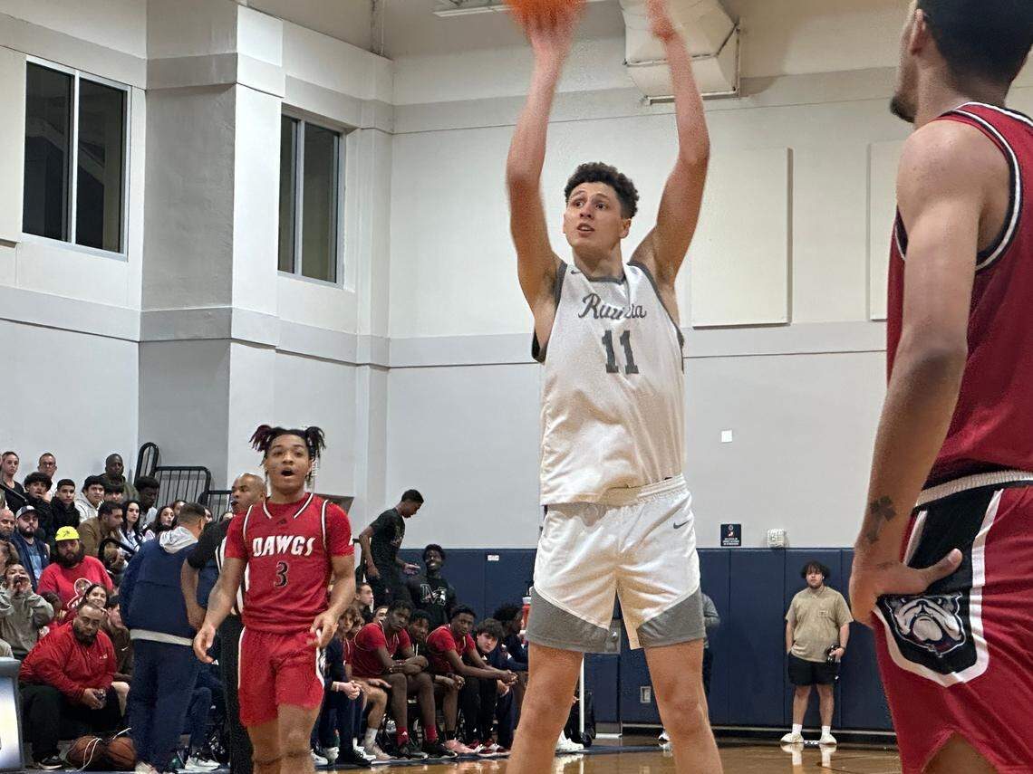 Riviera Prep’s 7-foot center Gustavo Guimaraes Alves shoots a free throw during the Bulldogs’ Region 4-3A semifinal this past Tuesday against Hialeah Educational Academy.