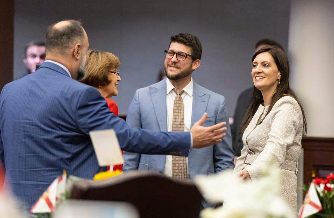 Florida Attorney General James Uthmeier and former Lt. Gov. Jeanette Nuñez attend the first day of the legislative session at the Florida State Capitol on Tuesday, March 4, 2025, in Tallahassee.