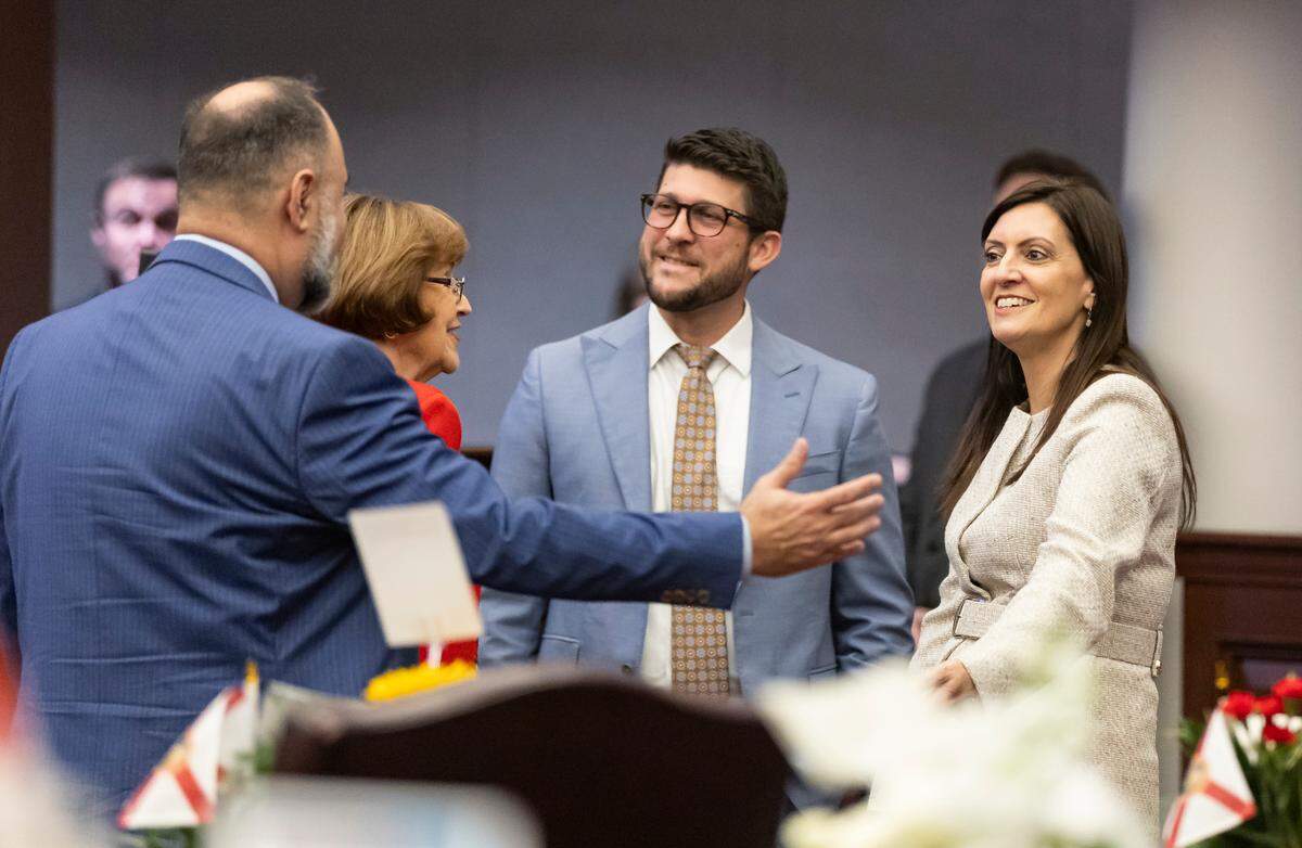 Florida Attorney General James Uthmeier and former Lt. Gov. Jeanette Nuñez attend the first day of the legislative session at the Florida State Capitol on Tuesday, March 4, 2025, in Tallahassee, Fla.