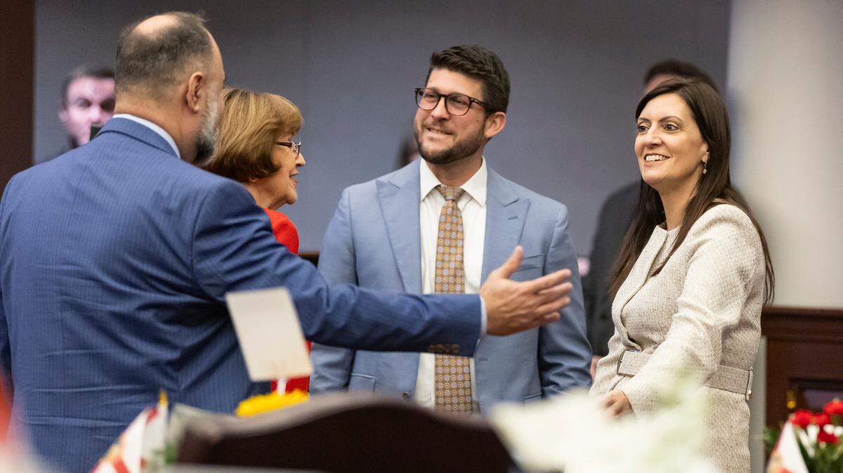 Florida Attorney General James Uthmeier and former Lt. Gov. Jeanette Nuñez attend the first day of the legislative session at the Florida State Capitol on March 4, 2025, in Tallahassee.