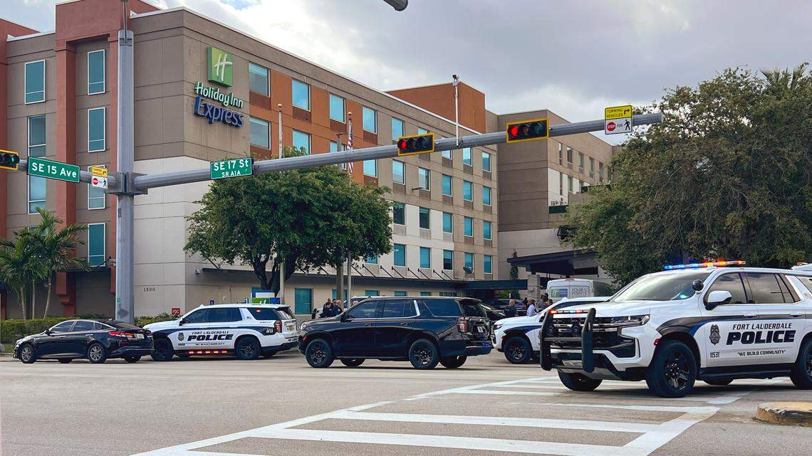 A Fort Lauderdale police officer was shot by a suspect near the Holiday Inn Express on Southeast 17th St. on Thursday morning, March 21, 2024.