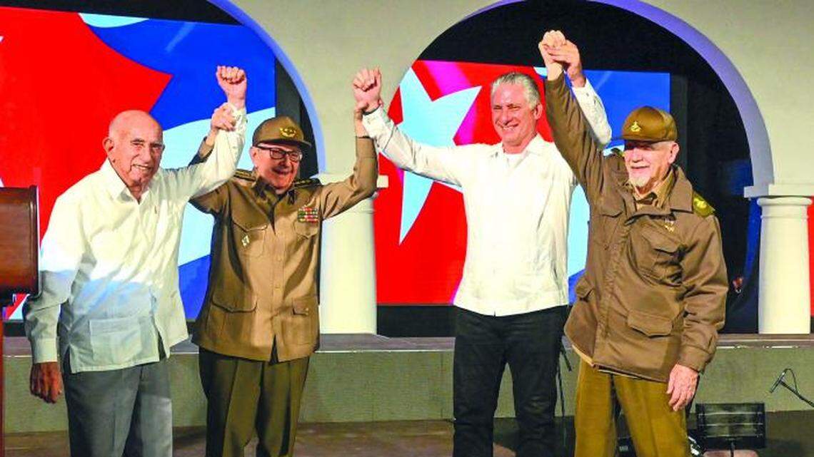 From left to right, former second secretary of the Communist Party José Ramón Machado Ventura; Gen. Raúl Castro, the former president and former Party’s first secretary; Cuba’s appointed president Miguel Díaz-Canel and Revolutionary Commander and current vice-prime minister Ramiro Valdés during the celebration of the 65th anniversary of the Cuban revolution.