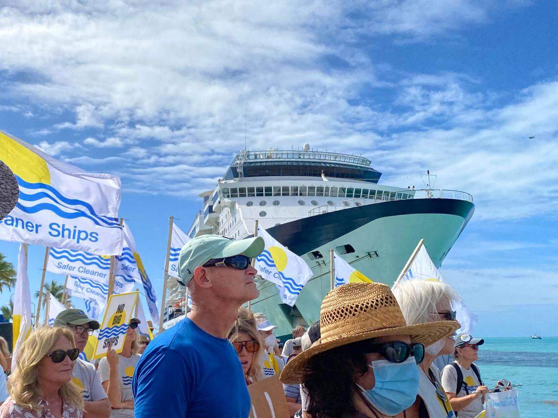 People in Key West protested the arrival of the Celebrity Cruises Constellation on Feb. 5, 2022.