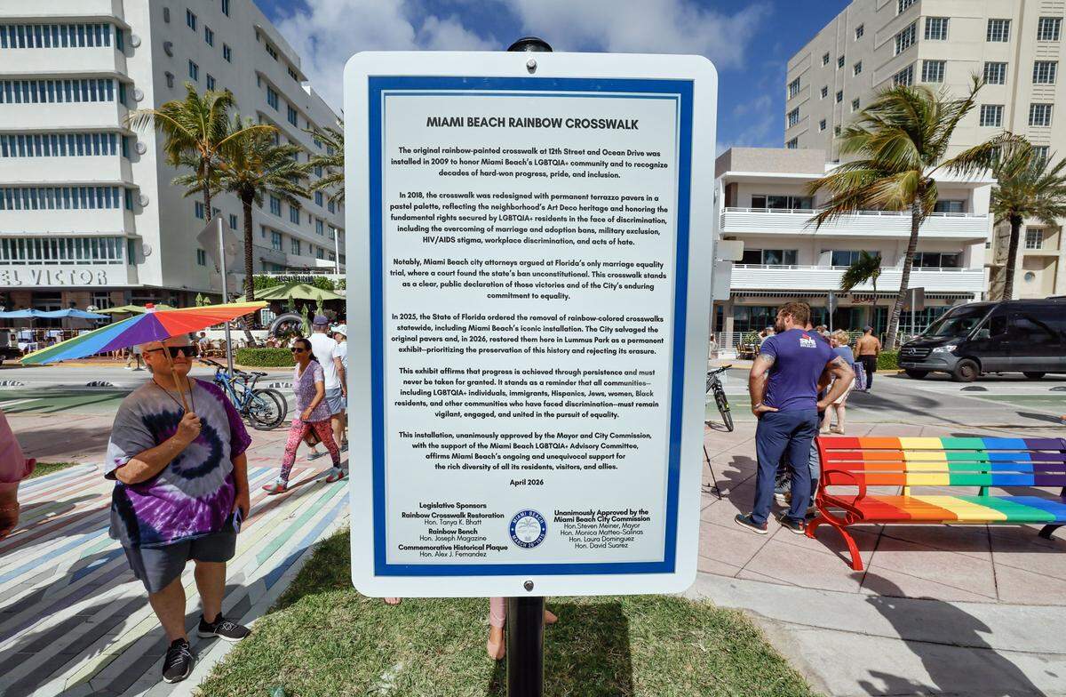 Miami Beach officials and community members gathered at Lummus Park on Friday, April 10, 2026, for the unveiling of a rebuilt LGBTQ+ crosswalk made of 3,606 colorful pavers. The installation was created less than six months after the Florida Department of Transportation removed the original crosswalk at 12th Street and Ocean Drive in Miami Beach, Florida.