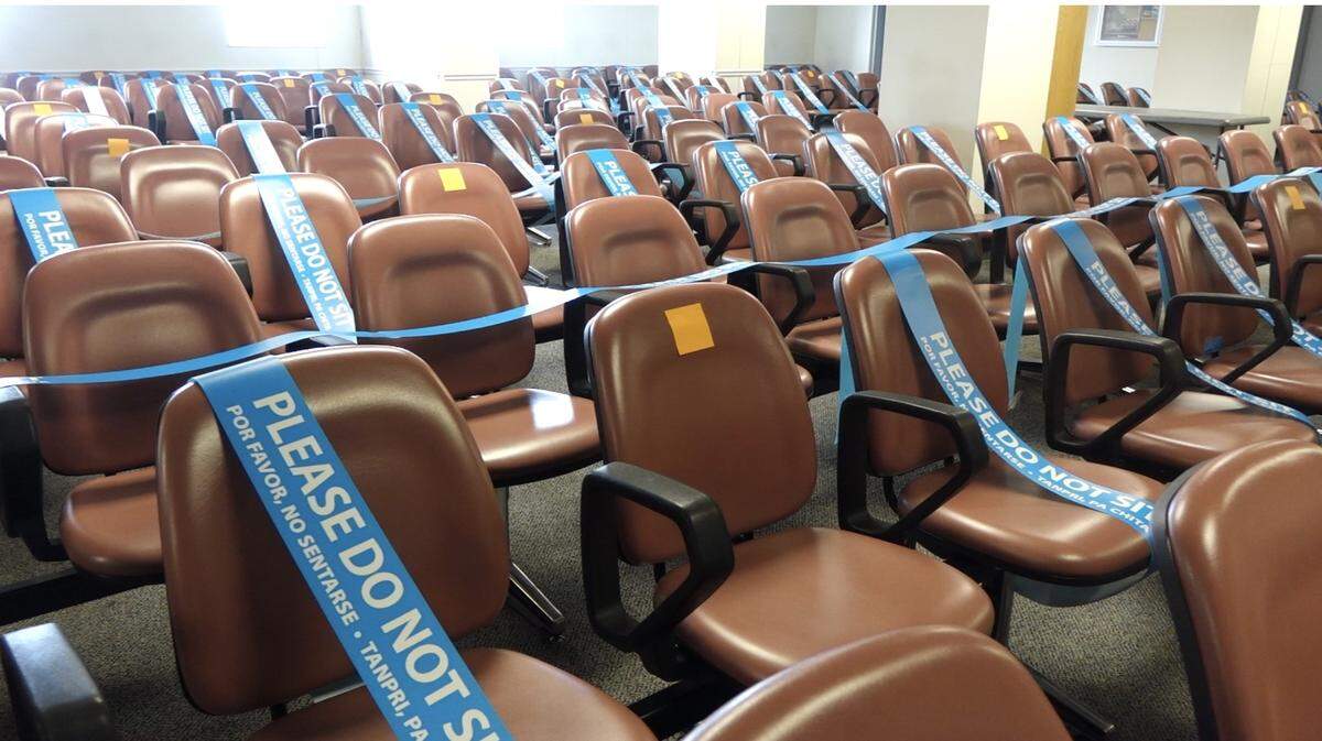 The jury pool room at Miami’s Richard E. Gerstein Justice Building, pictured here on Feb. 23, 2021, has seats blocked off to ensure social distancing and protect from the novel coronavirus.