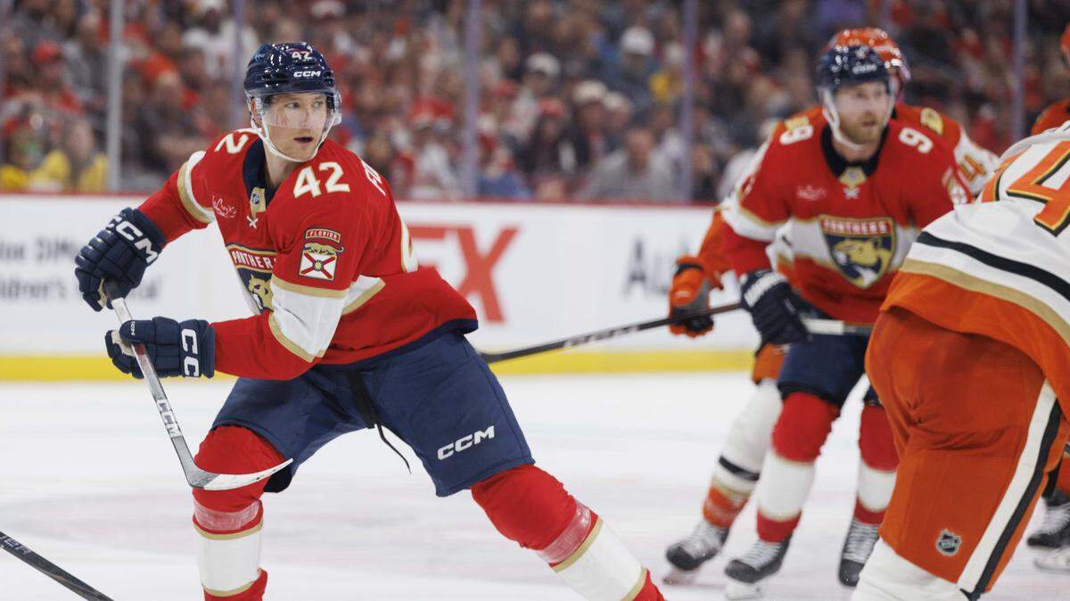 Florida Panthers defenseman Gustav Forsling (42) skates down the ice during the third period of a game against the Anaheim Ducks on Tuesday, Oct. 28, 2025, at Amerant Bank Arena in Sunrise, Fla. The Anaheim Ducks won 3-2 in a shootout.