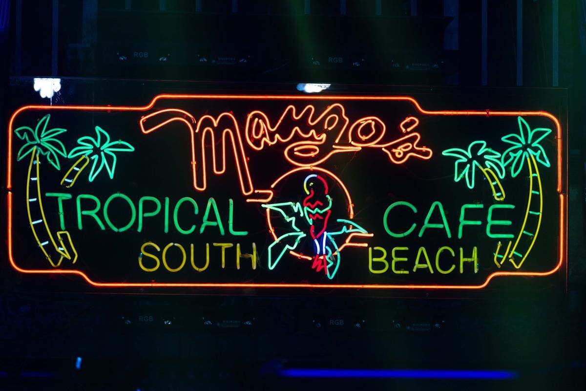 Signage for Mango's Tropical Cafe on Monday, July 28, 2025, in Miami Beach, Fla.