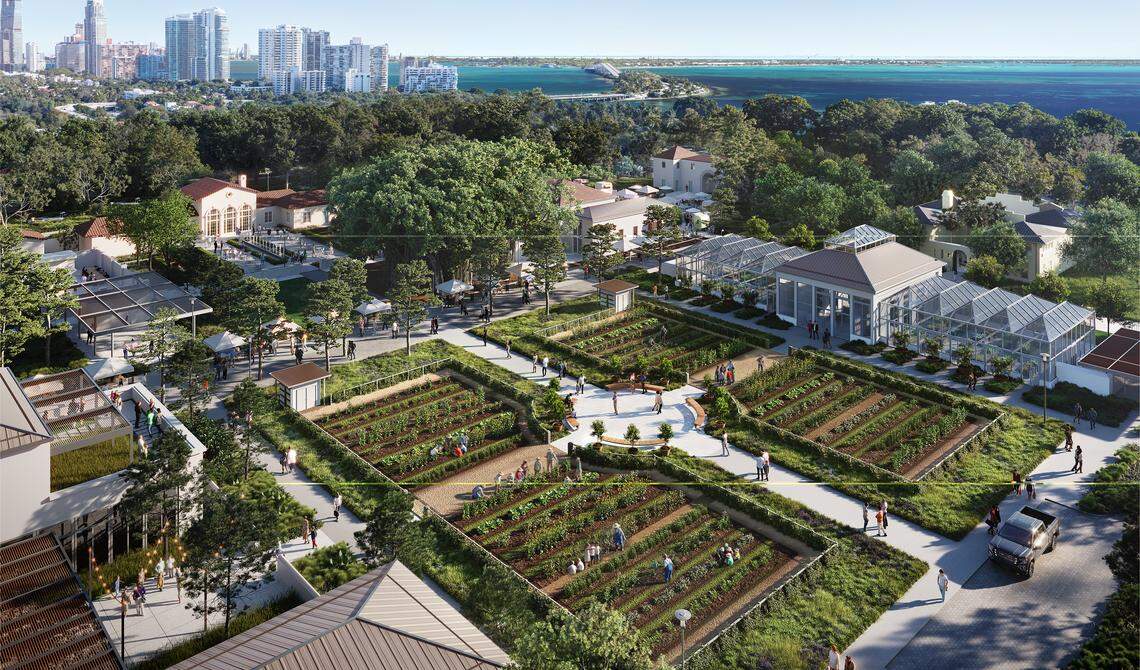 An architectural rendering depicts a planned urban agriculture field and greenhouse at Vizcaya Museum and Gardens’ historic farm village in Miami’s Coconut Grove.