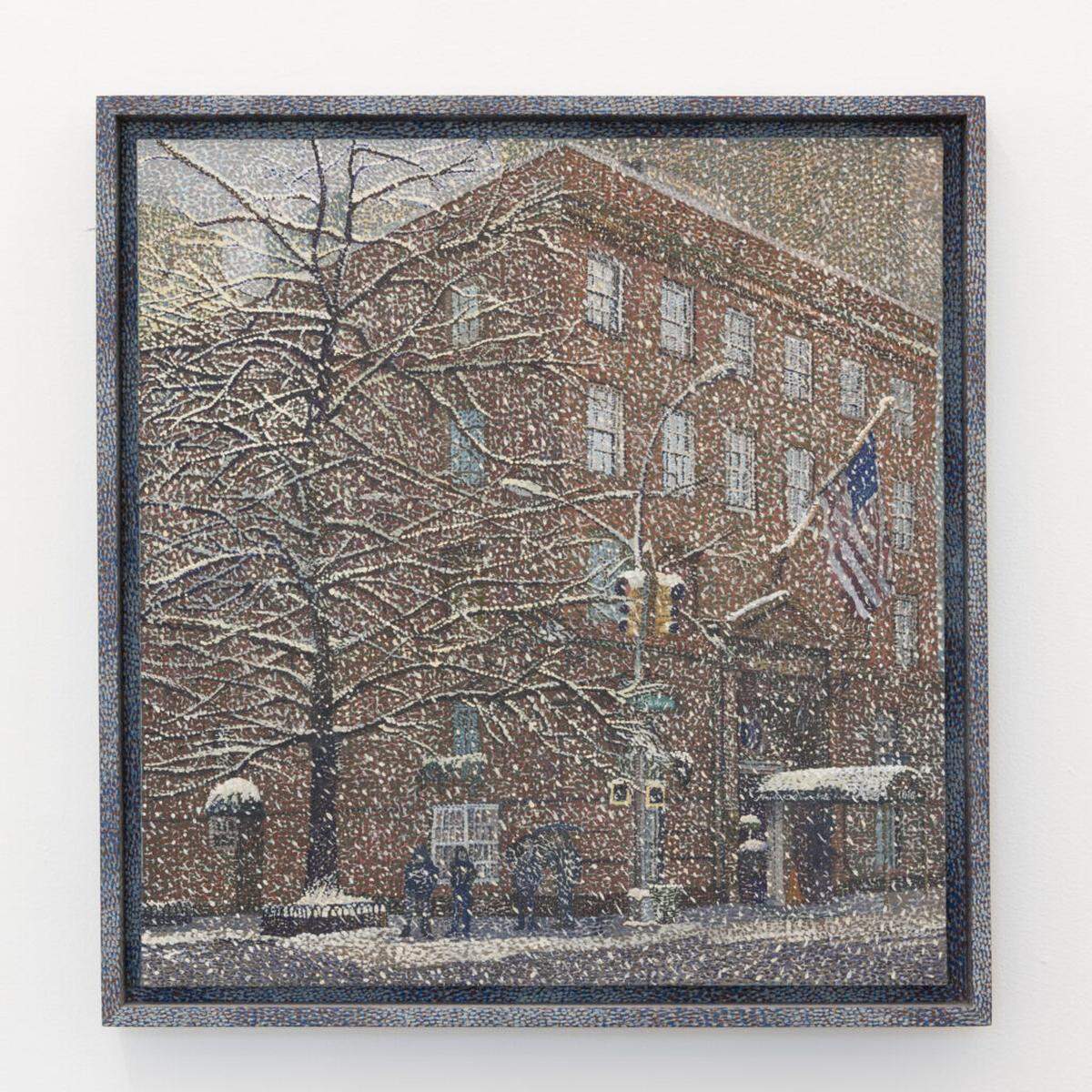Cynthia Talmadge, “Frank E. Campbell (Snow)”, 2018. Oil on linen, painted wooden frame.