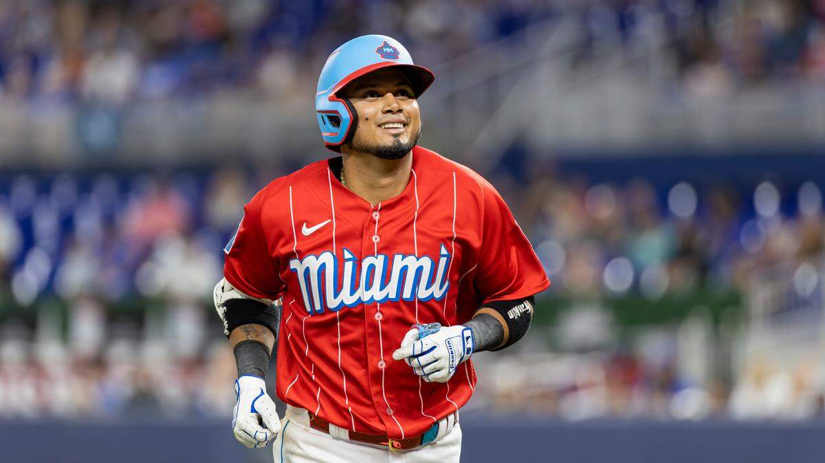Miami Marlins second baseman Luis Arraez (3) makes his way to the dugout while playing against the Chicago Cubs in the seventh inning of an MLB game at loanDepot park on Saturday, April 29, 2023, in Miami, Fla.