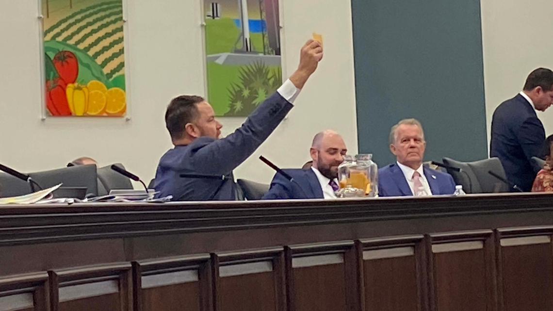 Sen. Aaron Bean, a Republican and an auctioneer from Jacksonville, holds up a slip of paper in blind draw to assign odd or even numbers to Senate districts on the new map being considered, on Thursday, Jan. 13, 2022, at the Florida Capitol in Tallahassee