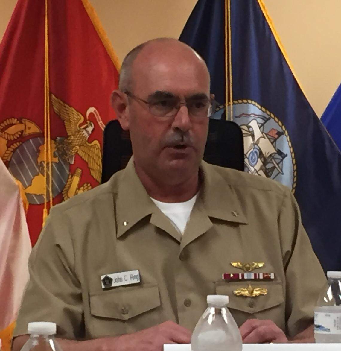 Rear Adm. John Ring, the 18th commander of Guantánamo prison operations, in his first briefing to reporters on June. 5, 2018. This photo was reviewed and approved for release by the U.S. military at Guantánamo.