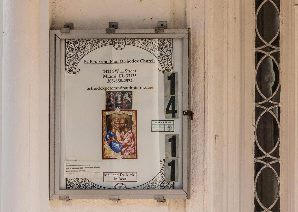 Services information posted at the entrance at the Sts. Peter and Paul Russian Orthodox Greek Catholic Church in Little Havana, one of Miami’s oldest Eastern Orthodox parishes. The church is currently involved in a bitter property battle with their parent Diocese, the Orthodox Church in America.