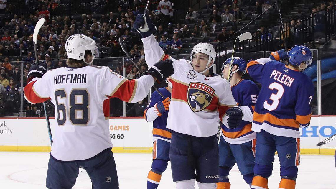 Florida Panthers’ Frank Vatrano (72) celebrates his power-play goal at 2:46 of the third period against the New York Islanders at the Barclays Center on Oct. 24, 2018 in the Brooklyn borough of New York City.