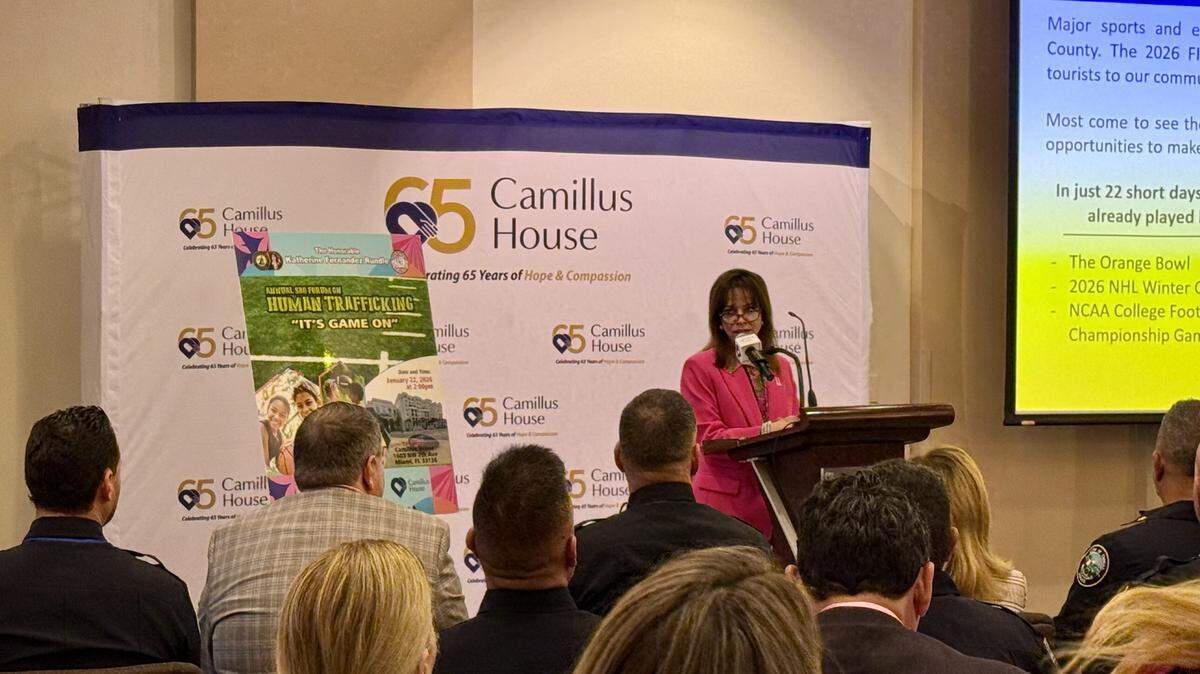 Miami-Dade State Attorney Katherine Fernandez Rundle speaks Thursday, Jan. 22, 2026, about fighting human trafficking during the lead-up to World Cup games in Miami Gardens this year.