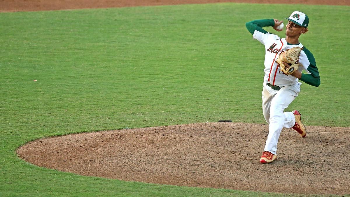 McArthur HS pitcher George Hernandez as they play Plant City HS in the FHSAA Semi-Final Class 8A Division at CenturyLink Sports Complex - Hammond Stadium in Fort Myers, Florida, Wednesday, May, 29, 2019.