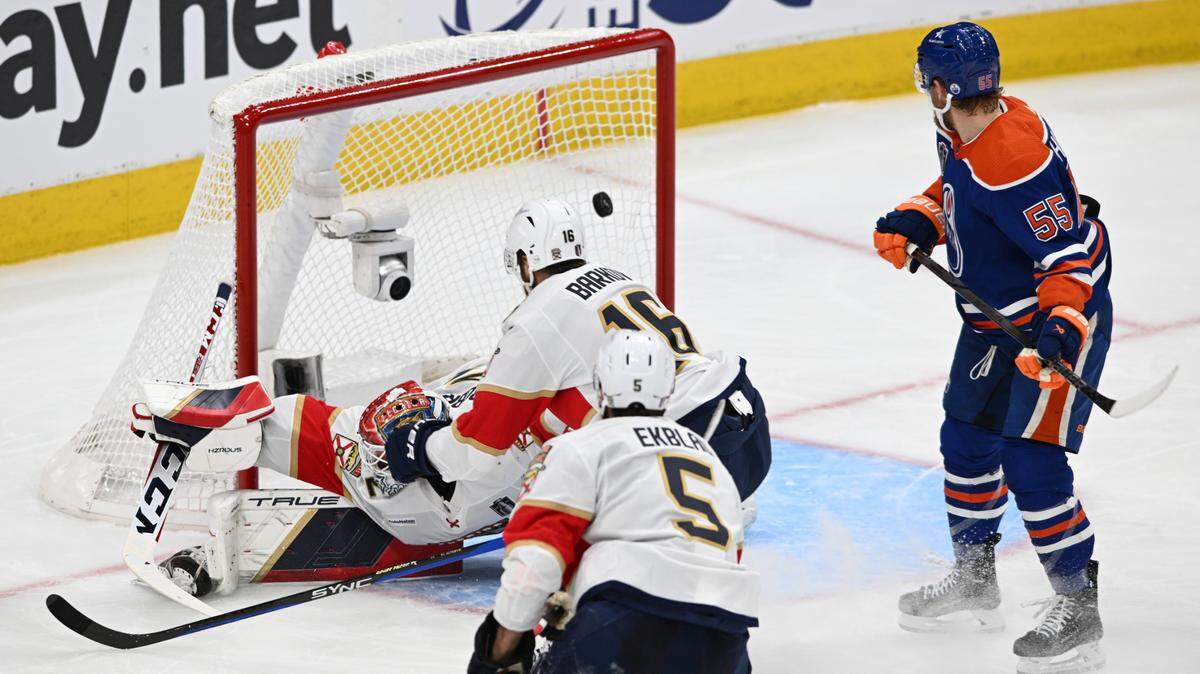 Florida Panthers goaltender Sergei Bobrovsky (72) gives up a goal to Edmonton Oilers left wing Warren Foegele (not pictured) in the first period in game six of the 2024 Stanley Cup Final on Friday at Rogers Place in Edmonton, Alberta.