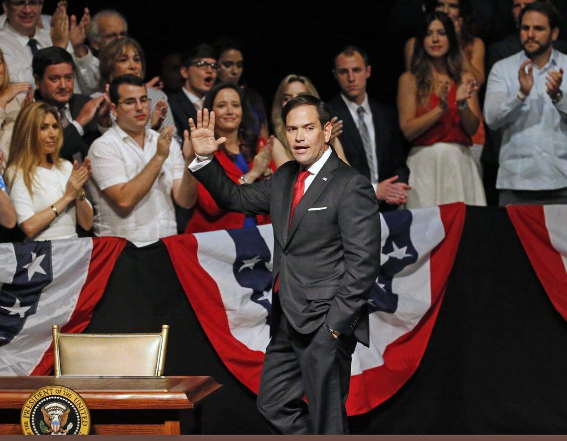 Sen. Marco Rubio arrives to show support for President Donald Trump in Miami in 2017.