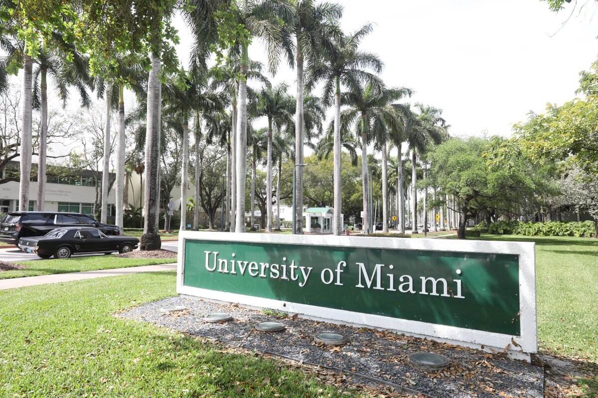 An exterior view of the University of Miami campus entrance on Friday, March 1, 2024, in Coral Gables, Florida.