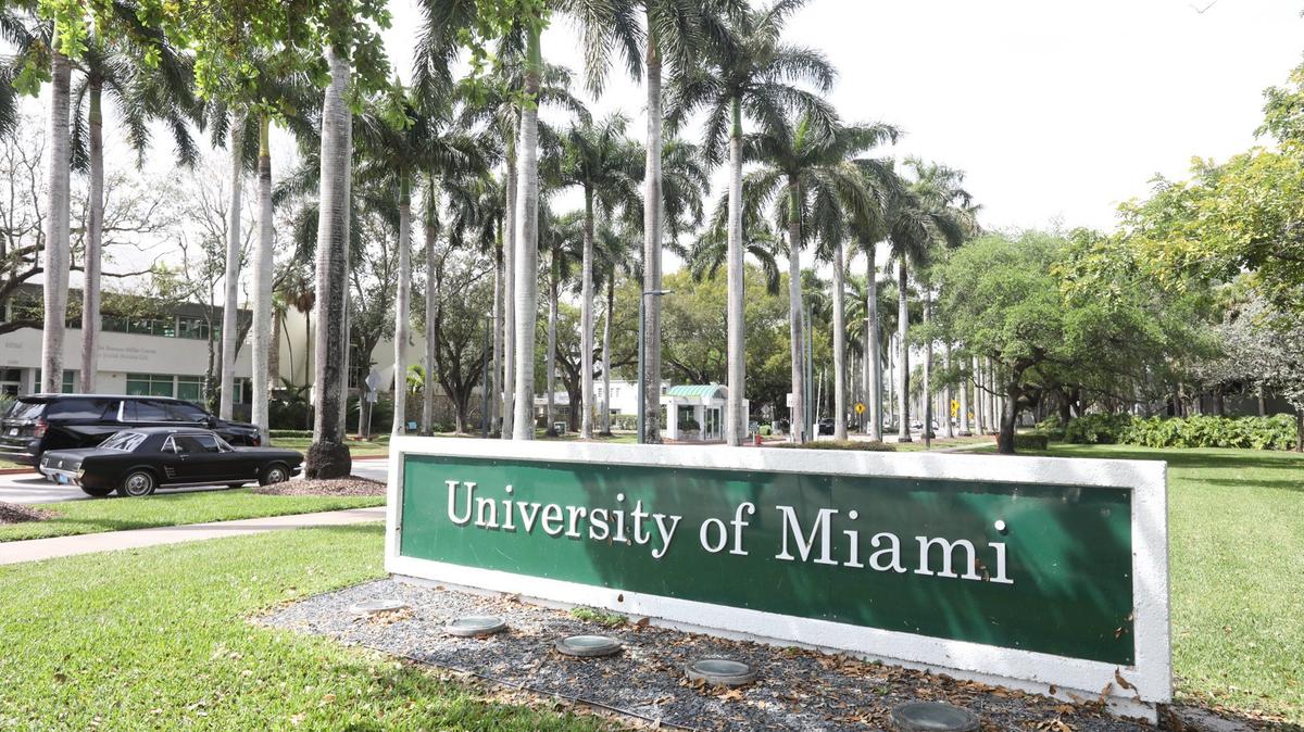 An exterior view of the University of Miami campus entrance on Friday, March 1, 2024, in Coral Gables, Florida.