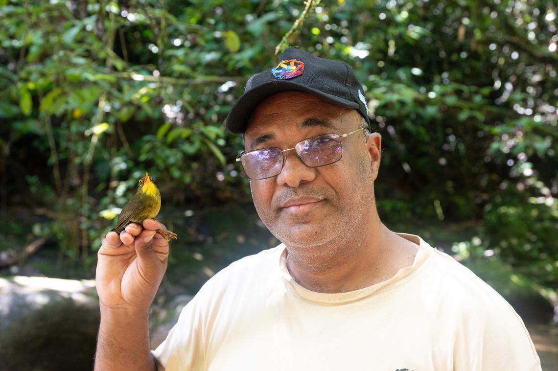 Researcher Lily-Arison Rene de Roland with the songbird.