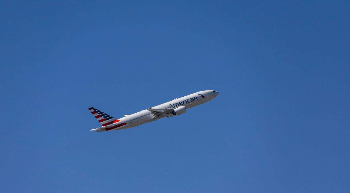 An American Airlines flight is seen departing from Miami International Airport on Monday, May 1, 2023, in Miami, Florida. Following four years of negotiations, the Allied Pilots Association agreed upon a strike authorization Tuesday on behalf of American Airlines pilots.