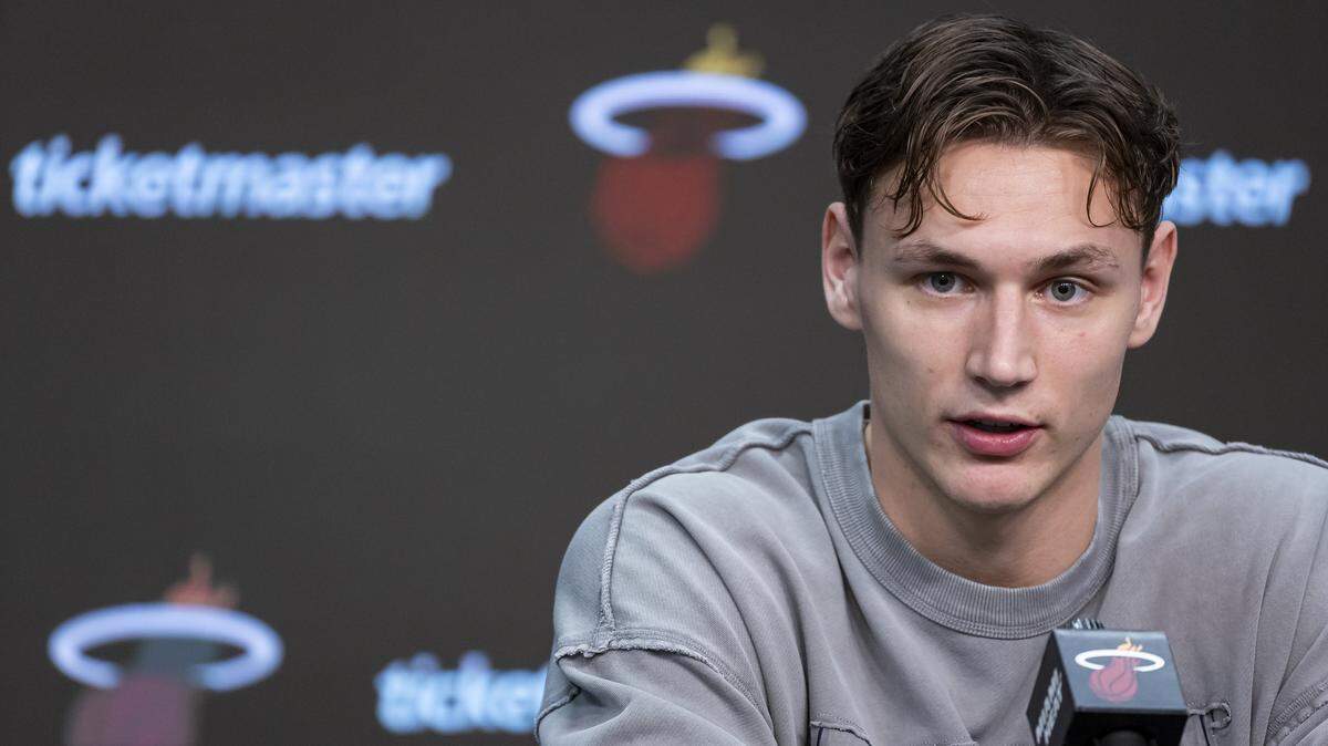 Miami Heat guard Pelle Larsson (9) participates in his team’s season-ending exit interviews at the Kaseya Center on April 16, 2026, in Miami.