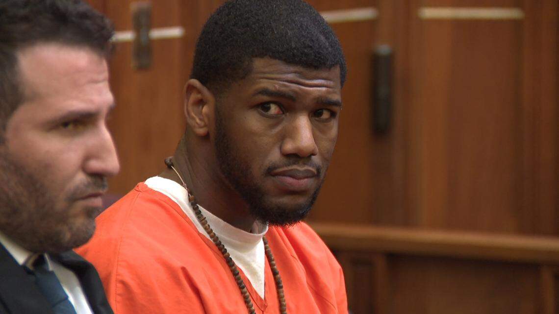 Antranard Womble looks at the gallery after he pleaded guilty to charges stemming from a police shooting on Monday, April 27, 2026.