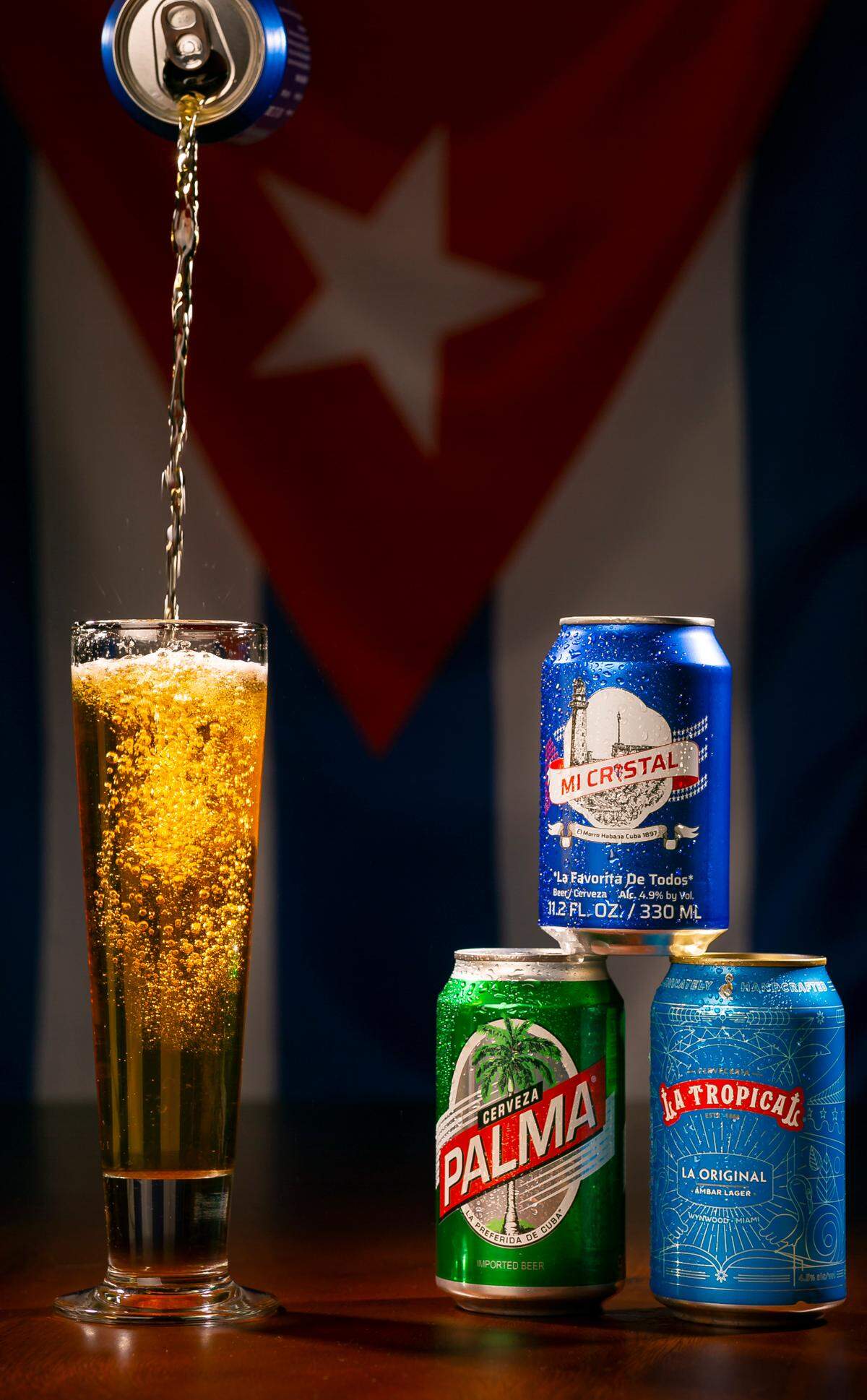 Cuban-themed beers Mi Cristal, Palma and La Tropical.