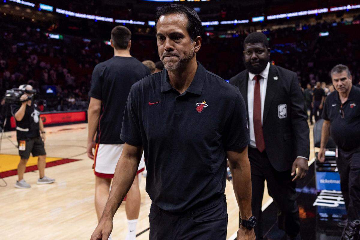 Miami Heat Head Coach Erik Spoelstra walks off the court after his team lost to the San Antonio Spurs 112-107 during an NBA preseason game at Kaseya Center on Wednesday, October 8, 2025, in Miami, Fla.