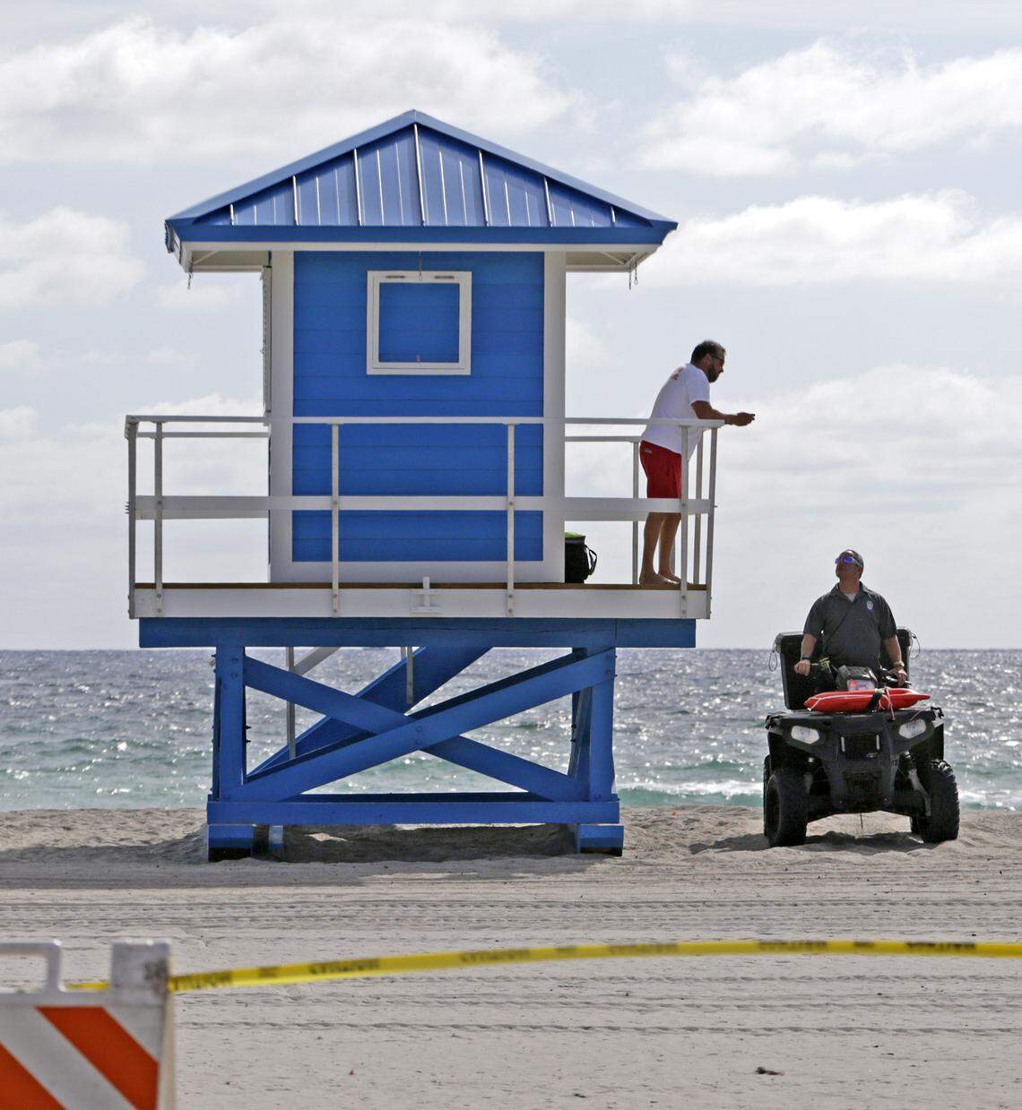 A lifeguard tower on Hollywood Beach. Beaches have been closed due to the coronavirus pandemic.
