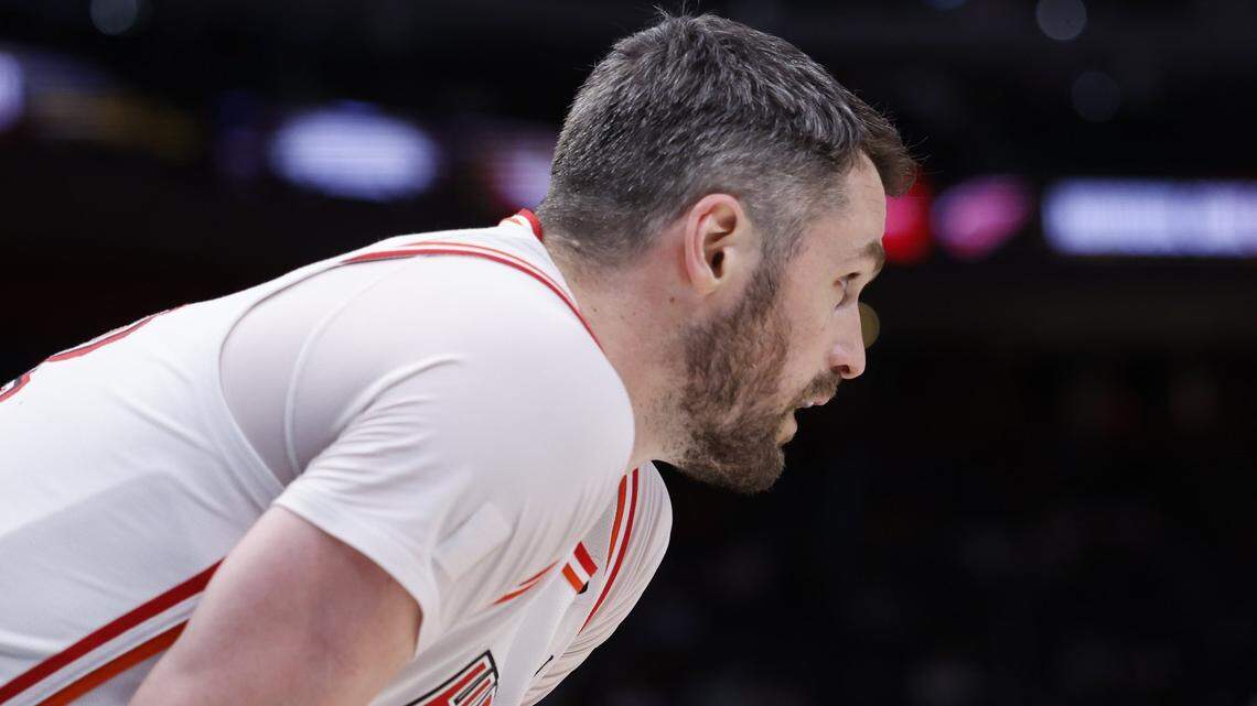 Miami Heat forward Kevin Love (42) looks on during the first half against the Detroit Pistons at Little Caesars Arena.