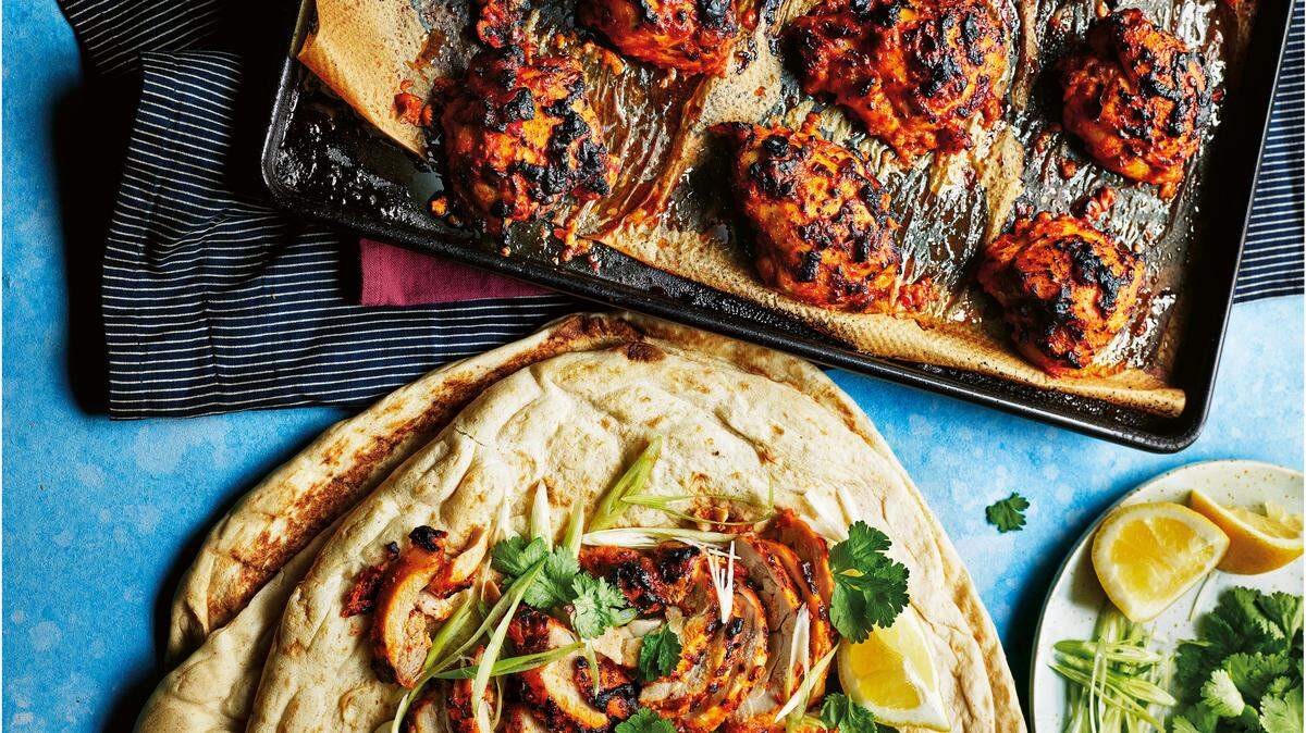 Roasted chicken thighs with harissa.