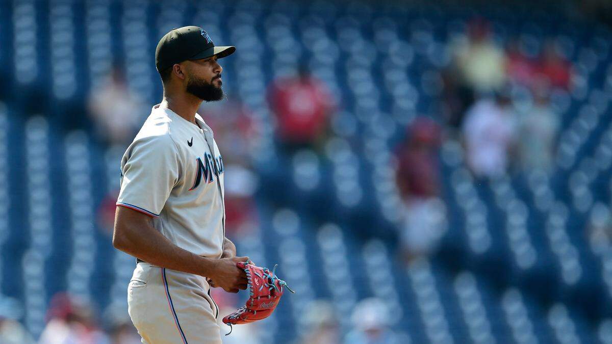 Miami Marlins starting pitcher Sandy Alcantara in action during a baseball game against the Philadelphia Phillies, Friday, July 16, 2021, in Philadelphia. (AP Photo/Derik Hamilton)