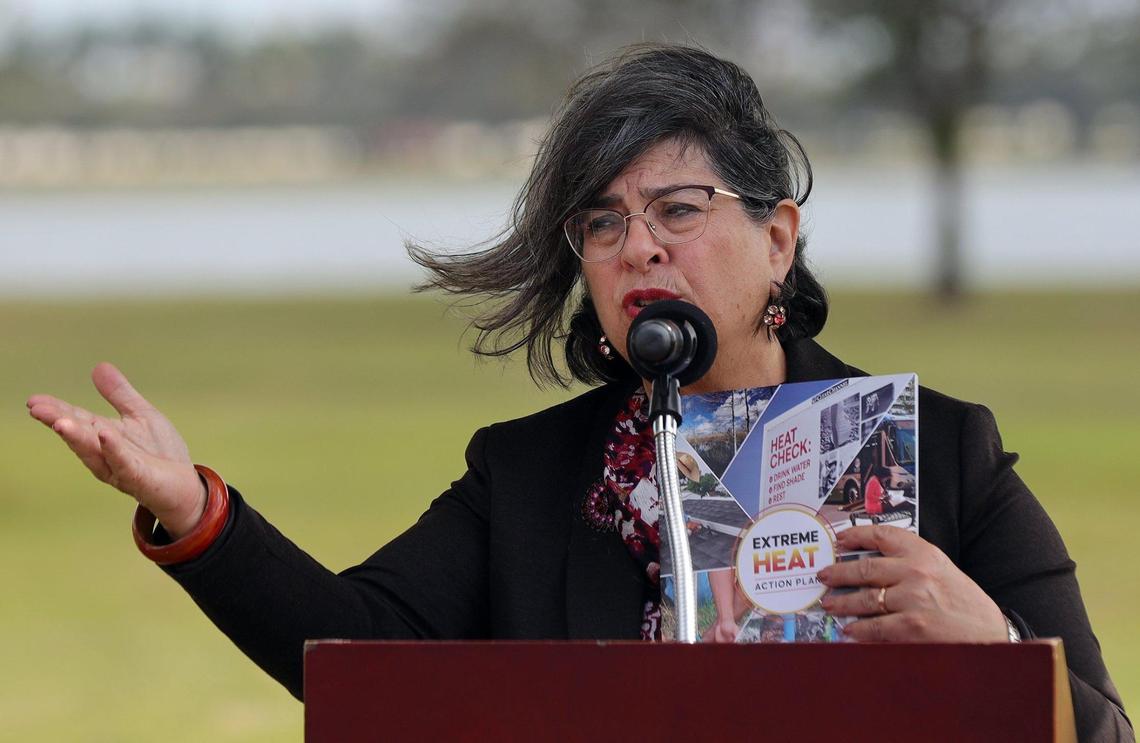 On Wednesday morning, December 14, 2022 Miami-Dade County Mayor Daniella Levine Cava, together with the Miami Foundation, gives her remarks regarding Miami-Dade County’s Extreme Heat Action Plan, a blueprint to reduce the health and economic impacts of increasing extreme heat, and create a baseline for further research and new partnerships around this issue at Amelia Earhart Park in Hialeah, Florida.