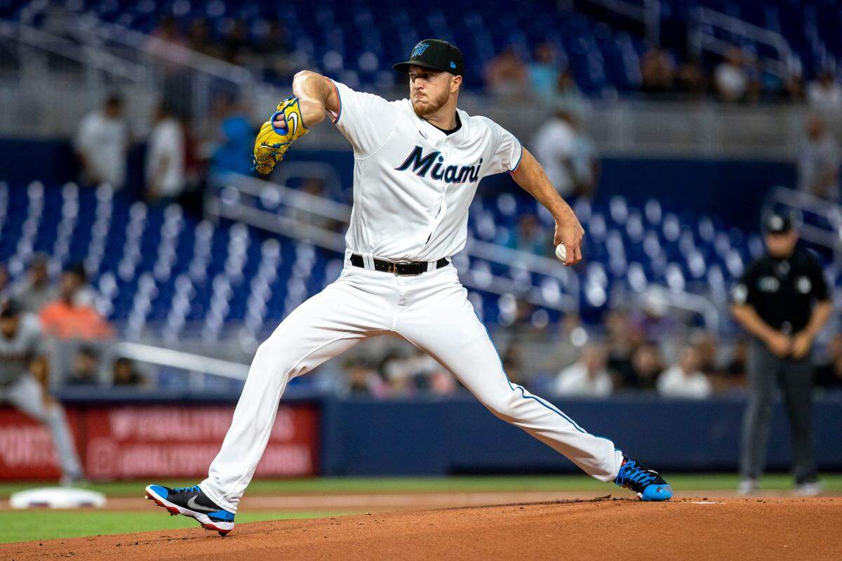 Miami Marlins pitcher Trevor Rogers (28) throws the ball during the first inning of an MLB game against the Arizona Diamondbacks at loanDepot park in the Little Havana neighborhood of Miami, Florida, on Tuesday, May 3, 2022.