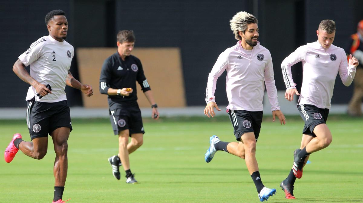 Inter Miami CF defender Alvas Powell, left, Rodolfo Pizarro, center, and Matias Pellegrini, workout during a practice session at the team’s training facility in Fort Lauderdale, Florida, on Wednesday, March 11, 2020.
