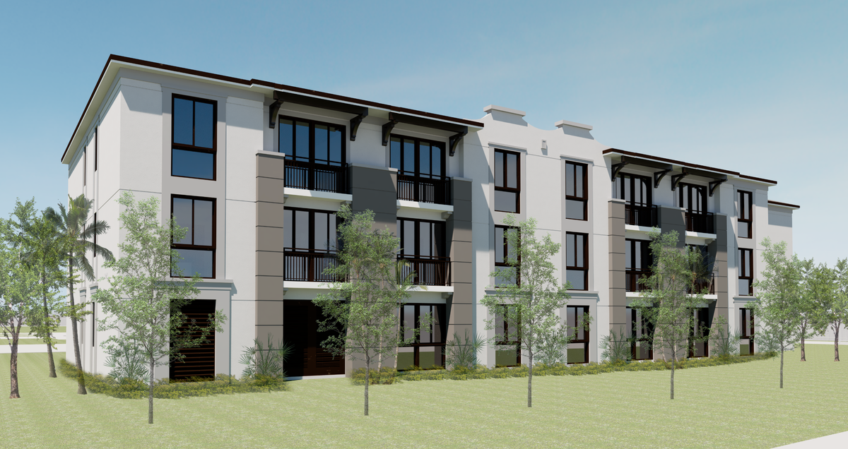 A rendering of an apartment complex at The Village of Casa Familia.