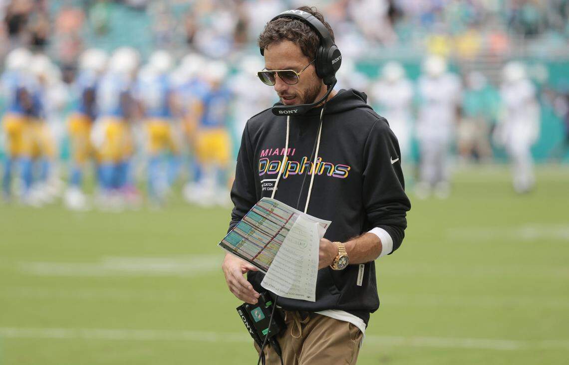 Miami Dolphins head coach Mike McDaniel on the sidelines during the NFL football game against the Los Angeles Chargers at Hard Rock Stadium in Miami Gardens, FL, on Sunday, October 12, 2025.